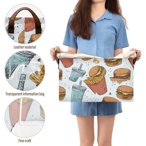 Ollabaky Collapsible Rectangular Closet Storage Bin Retro French Fries Drink and Hamburgers Shelf Basket Box with Leather Handles - Storage Cube, Nursery Storage, Laundry Hamper