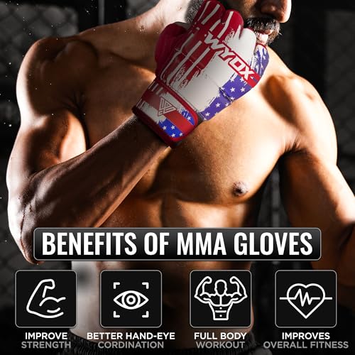 WYOX MMA Gloves & Boxing Focus Mitts Set – Hybrid Open Palm Grappling Gloves with Wrist Support + Curved Punching Pads with Gel Shock for Muay Thai, Kickboxing, Karate Training (Men & Women)