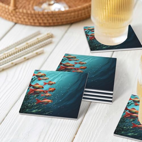 Coasters Set of 4 Round Ceramic Coaster Fish Aquarium Coasters for Drinks Absorbent Mugs Pads with Holder Heat Resistant Coffee Cup Pad for Kitchen Office - color: Square