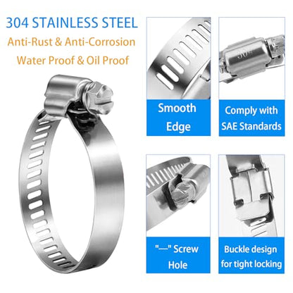 Hose Clamps, 304 Stainless Steel, 12 pcs/Pack, SAE 24 Worm Gear Hose Clamps Adjustable, 1-1/16-Inch-2-Inch(27-51mm)