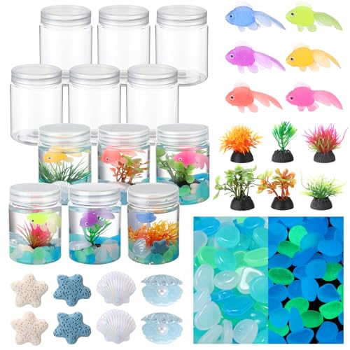 12 Set Fishbowl Craft Kit with Plastic Fish Bowl Floating Fake Goldfish Aquarium Plant Glow in The Dark Rock Seashell Mini Fish Tank Decoration Accessories for Party Supplies School Classroom