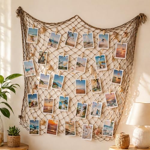 Fish Net Decorations for Party, 80x40 Inch Large Decorative Fish Netting Table Runner, Wall Photo Hanging Fishnet for Nautical Mermaid Pirate Hawaii Beach Under the Sea Party Decorations, Caramel