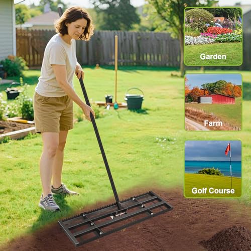 Lawn Leveling Rake-32''x10 Heavy Duty Leveler Reinforced Landscape Tool, Steel Lawn Rake with Serrated Edge & Smooth Plate for Level Soil Compost Sand Grass Dirt Yard Garden 6.5FT Adjustable Handle