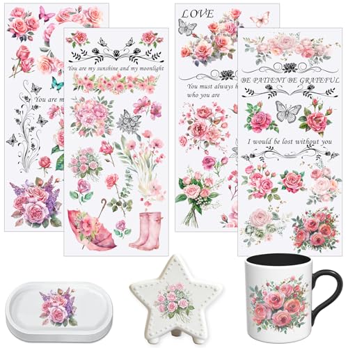 4 PCS Rose Flower UV DTF Cup Wraps, Waterproof Transfer Stickers for Tumblers and Mugs, Durable Rub-on Decals for Smooth and Flat Surfaces - style: rose flower