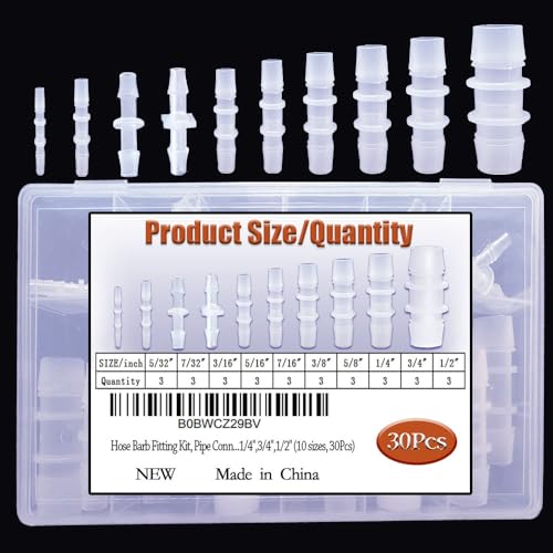30Pcs Hose Barb Fittings Kit, Pipe Connector Joint Splicer Mender Adapter Union for Aquarium Adapter Gas Liquid Air, for Hose ID 5/32",7/32",3/16",5/16",7/16",3/8",5/8",1/4", 3/4", 1/2"(10 sizes)
