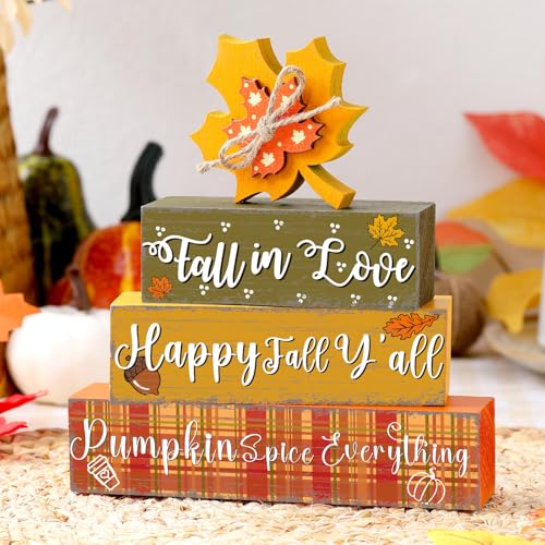 4 Pcs Thanksgiving Decorations Fall Wooden Sign Maple Leaves Thanksgiving Pumpkin Table Centerpiece Tiered Tray Decor Fall Wood Blocks Tiered Tray Decor Table Top Sign for Home - style: Maple Leaves