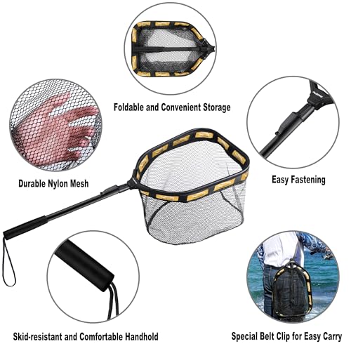 PLUSINNO Floating Fishing Net for Steelhead, Salmon, Fly, Kayak, Catfish, Bass, Trout Fishing, Rubber Coated Foldable Landing Net with Fixed or Telescoping Pole Handle, Fishing Gear and Gifts for Men