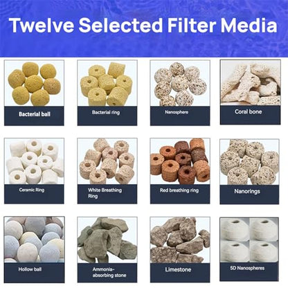 Bio Aquarium Filter Media, 12 in 1 Fish Tank Filter Material, Ceramic Rings Activated Carbon Bio Balls Freshwater Marine Biological Filter Media for Koi Fish Tank Pond (2.2lb with Mesh Bag)