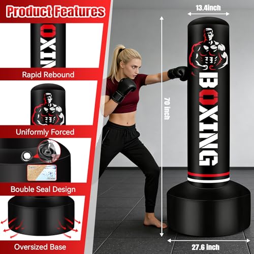 Heavy Punching Bag for Adults Teens, 70" Freestanding Punching Bag with Stand Kickboxing Bags, Women Men Heavy Boxing Bag for Beginners Training MMA Karate Muay Thai Fitness