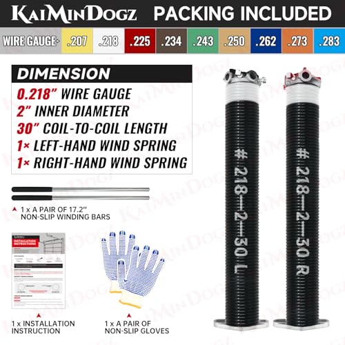 Pair of 2" Garage Door Torsion Springs Set with Non-Slip Winding Bar & Gloves,High Precision Electrophoresis Black Coated, for Replacement & Installation, MIN 16,000 Cycles (0.218x2''x30'')