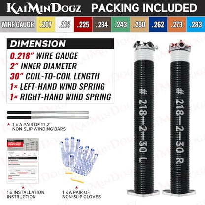 Pair of 2" Garage Door Torsion Springs Set with Non-Slip Winding Bar & Gloves,High Precision Electrophoresis Black Coated, for Replacement & Installation, MIN 16,000 Cycles (0.218x2''x30'')