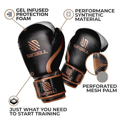 Sanabul Essential Gel Boxing Gloves for Men & Women, Kickboxing MMA, Muay Thai Gloves and Heavy Bag Training Punching & Sparring - color: Black/Copper, size: 8 oz