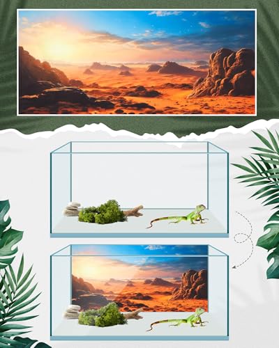 4 Pcs 30 x 11.8 Inch Reptile Habitat Background with Nano Glue Gobi Sun Cactus Stone and Green Tree Fern Stream Terrarium Background Polyester Durable Aquarium Accessories