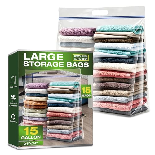 Heavy Duty 15 Gallon Clear Zipper Bags with Handles, 3.5 Mil Thick 24x24 Inch Storage Bags 15 Pack for Moving, Home and Travel Use - size: 15 Large