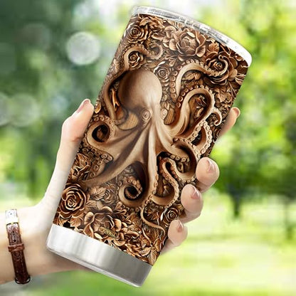 Personalized Octopus Gifts for Women Men Wood Drawing Custom Name 20oz Insulated Stainless Steel Tumbler with Lid Travel Cup Coffee Mug Gift for Daughter Son