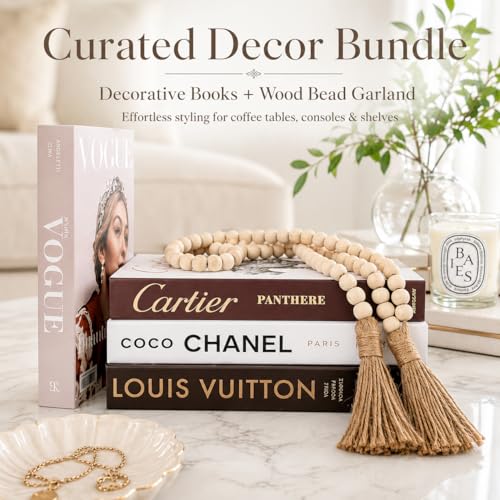 Modern Farmhouse Coffee Table Decor Set | 4 Faux Decorative Books + 58" Wood Bead Garland with Tassels | Styling Bundle for Living Room, Shelf, Tray, Housewarming Gift