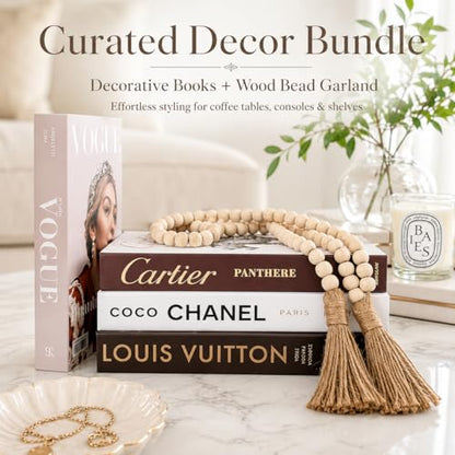Modern Farmhouse Coffee Table Decor Set | 4 Faux Decorative Books + 58" Wood Bead Garland with Tassels | Styling Bundle for Living Room, Shelf, Tray, Housewarming Gift