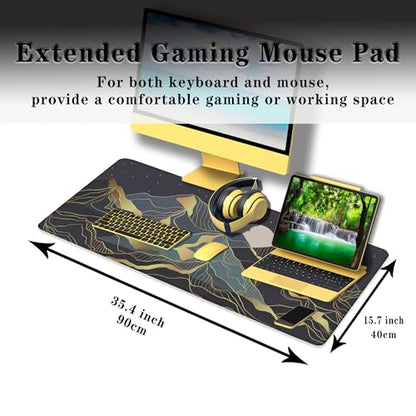 Extra Large Mouse Pad Golden Desktop Pad Keyboard Mouse Pads Desktop Mats Big Gaming Mousepad Waterproof Non-Slip Rubber Base 35.4 X 15.7 for Game Office, Sunset Mountains Art - color: Golden Mountain