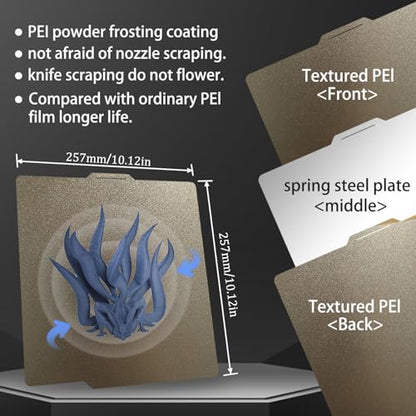 JUUPINE Gold PEI Sheet for Bambu Lab P2S/X2D/X1/X1C/X1E/P1P/P1S/A1 Carbon Build Plate HeatingBed Spring Steel Flexible Platform 256x256mm Double Side Textured Hotbed for 3D Printer - color: Double-sided textured PEI