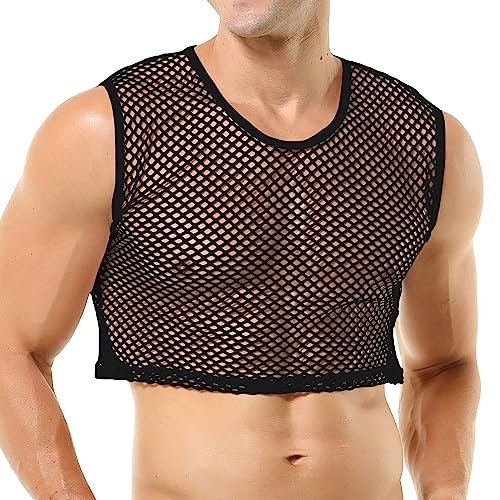 Men's Fishnet Shirts Mesh Crop Top See Through Round Neck Short Sleeve Sexy Muscle Tee for Men Daily - color: X-black, size: X-Large