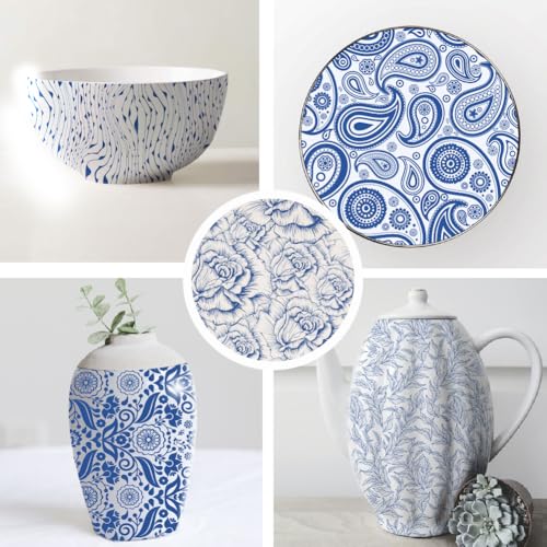 SUPERDANT 6PCS Flowers Leaf Underglaze Paper Transfer Paisley Transfer Papers for Clay Ceramic Porcelain Under Glaze Transfers for Pottery Enamel Decals Blue Underglaze Decal Handcrafted Gifts - style: Flower Pattern