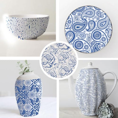 SUPERDANT 6PCS Flowers Leaf Underglaze Paper Transfer Paisley Transfer Papers for Clay Ceramic Porcelain Under Glaze Transfers for Pottery Enamel Decals Blue Underglaze Decal Handcrafted Gifts - style: Flower Pattern