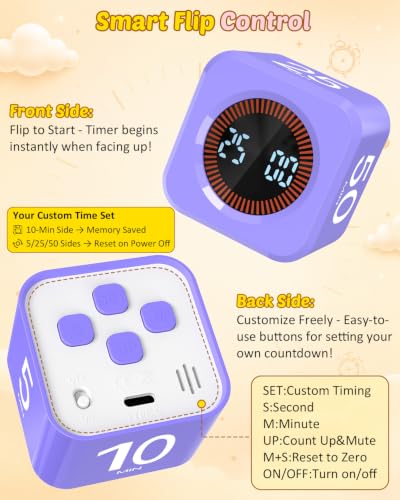 Digital Pomodoro Timer Cube 5/10/25/50min Preset, Silent & Sound Alarm - color: Purple