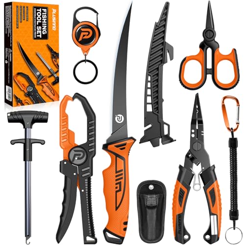 PLUSINNO Fishing Gear, Fishing Tools Kit, 7pcs Fishing Accessories, Corrosion Resistant Fishing Pliers, Fish Knife, Fish Lip Gripper, Fishing Gifts for Men