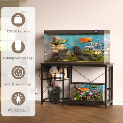 55-75 Gallon Fish Tank Stand with Power Outlet & LED Light, Metal Aquarium Stand with 3 Tier Adjustable Storage Shelves, for Reptile & Turtle Tank, 52" L*19.5" W, Black