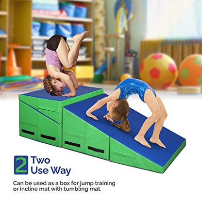 Matladin Incline Gymnastics Wedge Mat, Folding Gymnastics Mat for Kids Girls Home Training Exercise - color: Blue+Green, size: 32.7 in x 23.6in