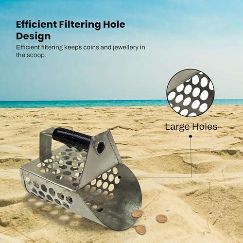 Fisher Galvanized Metal Sand Scoop with Filtering Holes, Heavy Duty Design, Rubberized Grip, and No-Slip Ergonomic Handle for Efficient Sifting and Sand Digging
