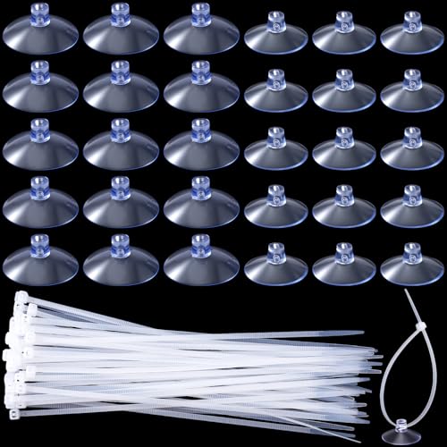 30 Pcs Aquarium Suction Cups with 50 Pcs Zip Ties, Suction Cup for Fish Tank Plants Binding Moss Landscape Fixation, Utility Sucker Pad Without Hooks for Kitchen Hanging (2.5cm+3.5cm) - color: Clear (Set of 80), size: 1 inch+1.38 inch