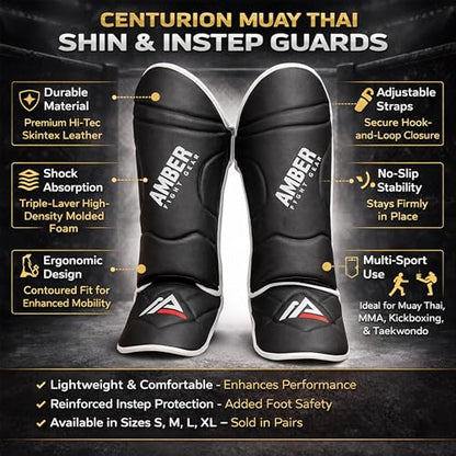 Centurion Muay Thai Shin and Instep Guards, High-Density Foam Protection, Skintex Leather, Adjustable Straps, Lightweight & Durable for MMA, Kickboxing, Muay Thai, and Taekwondo - size: Medium