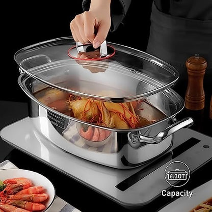 2-Tier Stainless Steel Fish Steamer - Multi-Use Square Steaming Cookware with Rack, Ceramic Plate, Chuck, Oven Mitts - Stockpot for Steaming Fish, Boiling Soup