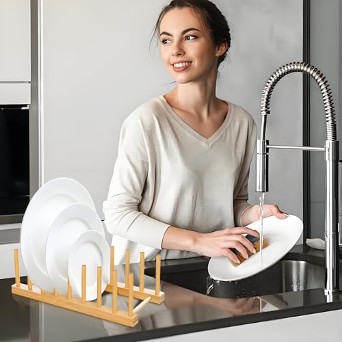 Bamboo Dish Racks 8 Slots,Wooden Plate Organizer for Cabinet Space Saver, Dish, Pots, Lids, Bowls, Cups,Cutting Boards and Books Storage (Box Included)