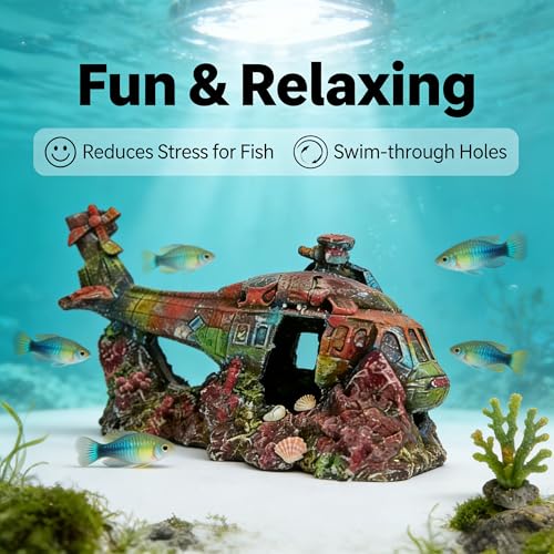 Aquarium Helicopter Ruins Ornament, Realistic Resin Stone Landscaping Decor, Safe Hiding Shelter for Fish Shrimp & Turtles, Ideal for Freshwater Saltwater Tank Aquascape