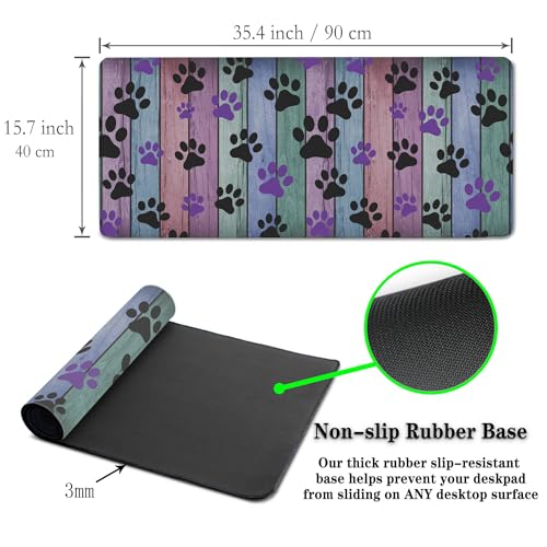 Gaming Mouse Pad Black and Purple, Big Mouse Pads Computer Desk Mat, Work Table Mat Non-Slip Rubber Base Waterproof with Stitched Edges, 35.4 X 15.7 inch for Work/Game/Office/Home Dog Paw - color: Dog Paw