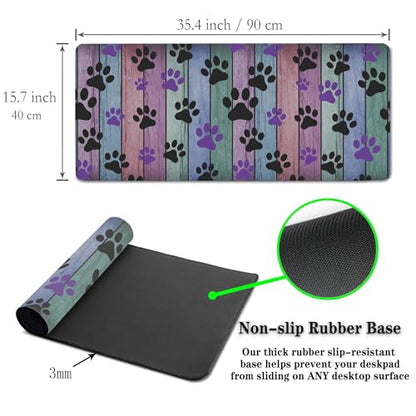 Gaming Mouse Pad Black and Purple, Big Mouse Pads Computer Desk Mat, Work Table Mat Non-Slip Rubber Base Waterproof with Stitched Edges, 35.4 X 15.7 inch for Work/Game/Office/Home Dog Paw - color: Dog Paw