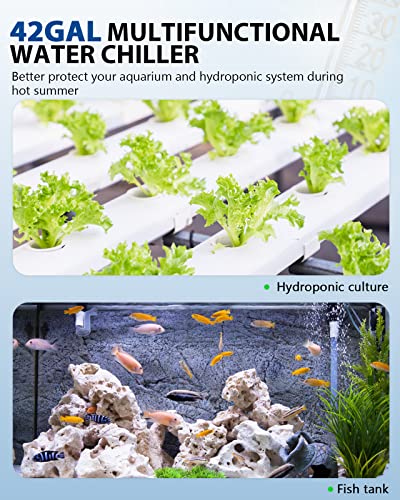 1/10 HP Aquarium Chiller 42 Gallon 160L Water Cooling System | Quiet Compressor Refrigeration, Includes Pump and Tubing, 110V, Ideal for Hydroponics, Axolotl and Reef Tanks