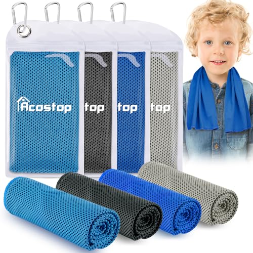 Acostop 4 Pack 9"x30" Breathable Soft Kids Cooling Towels for Hot Weather | Cooling Neck Wraps with UPF 50 Sun Protection, Cooler Towel Rags for Running Exercise School Outdoor Sports - color: Blue & Black & Grey & Royal Blue