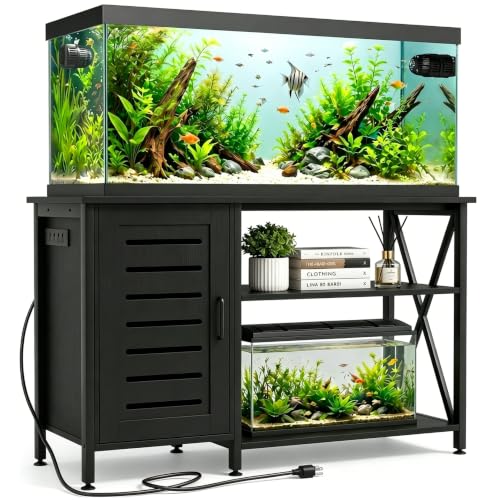 Herture 55-75 Gallon Fish Tank Stand,Aquarium Stand with Cabinet Accessories Storage,Heavy Duty Metal Frame,Aquarium Cabinet with Power Outlets 52" L*19.68" W Tabletop,1200LBS Capacity,Black PG05YGB - color: Black, size: 55-75 Gallon
