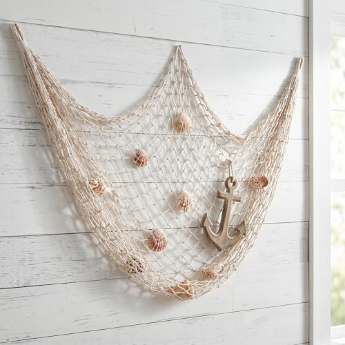4 Pack Fish Net Decorative 80 x 40 Inch, Natural Cotton Fishing Net Wall Hanging Fishnet Decorations for Mermaid, Pirate, Nautical, Hawaiian, Under The Sea Themed Party Supplies, Beige