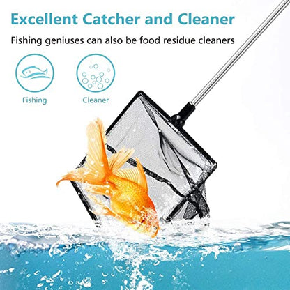 Fish Net for Fish Tank, Fine Mesh Aquarium Net with 9-24 Inch Stainless Steel Long Handle, Extendable Fishing Tank Net for Fish Shrimp Tank, Pond, Creek (4 inch)