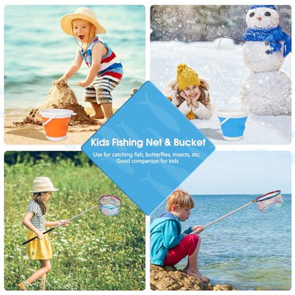 Kids Fishing Net, 2 Pack Telescopic Fishing Landing Net with Aluminum Pole Handle for Kids, Collapsible Bucket Kids Sand Pail, Fishing Net Butterfly Nets for Kids, Outdoor Playing