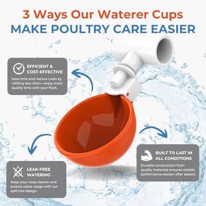 Lil'Clucker Large Automatic Chicken Waterer Cups with 1/2" PVC Tee Fittings - Chicken Water Cups, Chicken Water Feeder, for Chicks, Duck, Goose, Turkey - Poultry Waterer Feeder Kit (Orange, 5-Pack) - size: 5-Pack