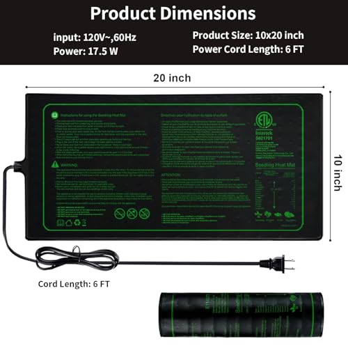 Upgrade 20" x 10" Durable Waterproof Seedling Heat Mat with ETL Certified, Warm Hydroponic Heating Pad for Germination,Indoor Plant Gardening and Cutting, Brewing and Seed Starting Greenhouse - style: 20"x10" Heat Mat -Upgrade Version