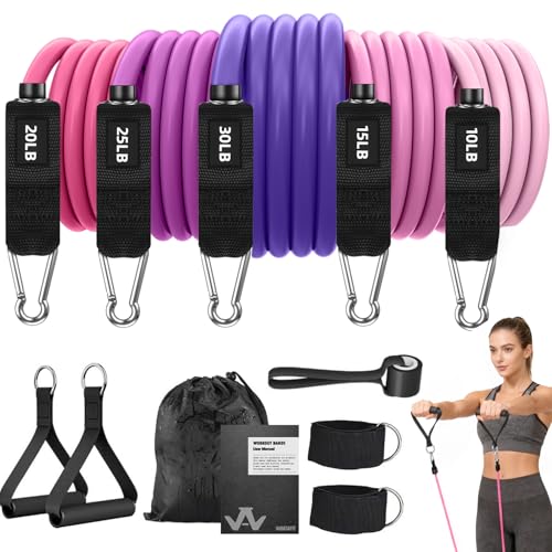 WHATAFIT Resistance Bands, 5 Level Exercise Bands with Handles for Workout | 10-30 lbs, stackable to 100. Natural latex, ankle straps, door anchor, guide. For strength, yoga,workout - color: 10-100LB-Purple
