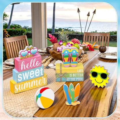 11 Pcs Summer Hawaiian Table Decorations Set Summer Tiered Tray Decor Flip Flops Centerpiece Faux Book Stack Block for Table Home Office Decorations - style: Pool