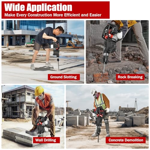 33CC 2 Stroke Gas Powered Demolition Jack Hammer, 3-in-1 Gasoline Hammer Drilling Machine Breaker Punch Drill Chisels Heavy Duty Gasoline Concrete Breaker Rock Drill for Crushing, Chiseling