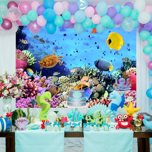 7x5ft Underwater Ocean Coral Reef Backdrop Under The Sea Tropical Fish Sea Turtle Marine Life Photography Background Seabed World Nature Scene Aquarium Decor Kids Portrait Photo Shoot Props - size: 7x5ft